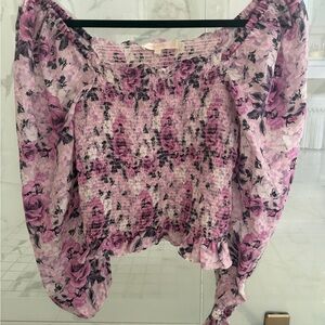 LoveShackFancy Lavender Pink Floral Smocked Off-Shoulder Blouse